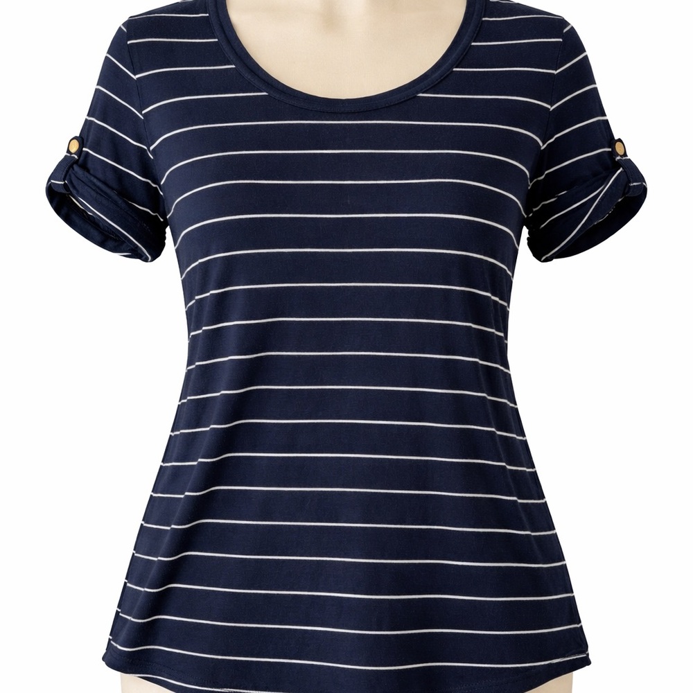 Chico's Navy and White Striped Short Sleeve Top